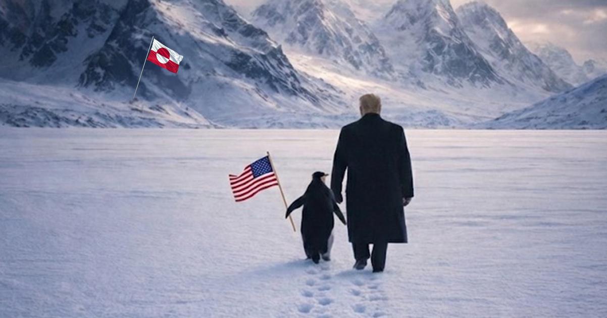 Biely dom zverejnil AI fotku Trumpa s tucniakom a gronskou vlajkou co vyvolalo posmesne reakcie